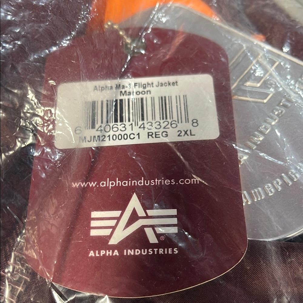 Alpha Industries Maroon Ma-1 Flight Jacket Size 2XL. NIB